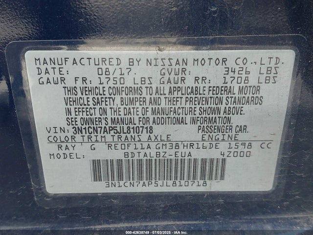 3N1CN7AP5JL810718 Nissan 2018