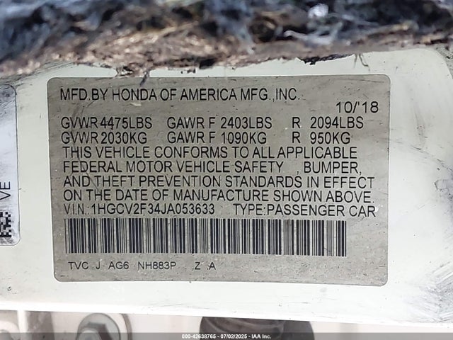 Honda k20c4 2018 1HGCV2F34JA053633 Image 9
