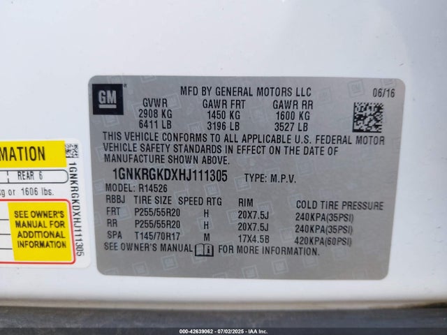 1GNKRGKDXHJ111305 Chevrolet llt - sidi: spark ignited direct injection, alum, 60 degrees
