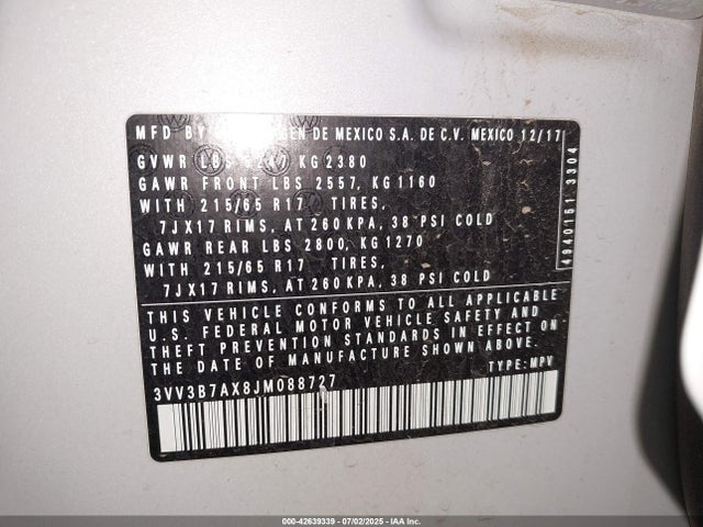 3VV3B7AX8JM088727 Volkswagen 2018