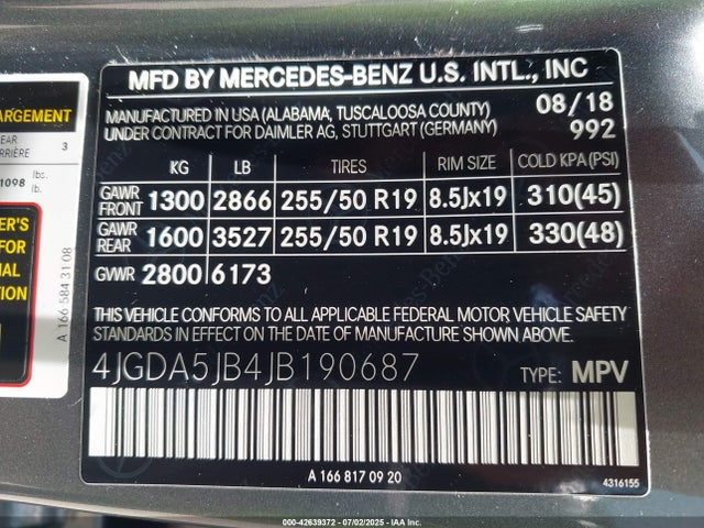 4JGDA5JB4JB190687 Mercedes-Benz m276