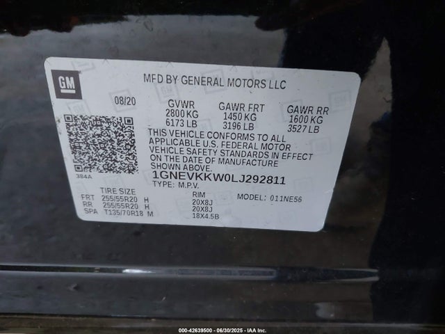 1GNEVKKW0LJ292811 Chevrolet lfy - spark ignited direct injection, atss, gen 1