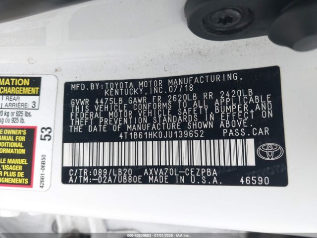 2018 TOYOTA CAMRY 4T1B61HK0JU139652 Photo 8