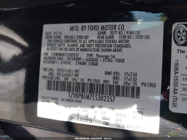 1ZVBP8EM7E5302357 Ford 2014