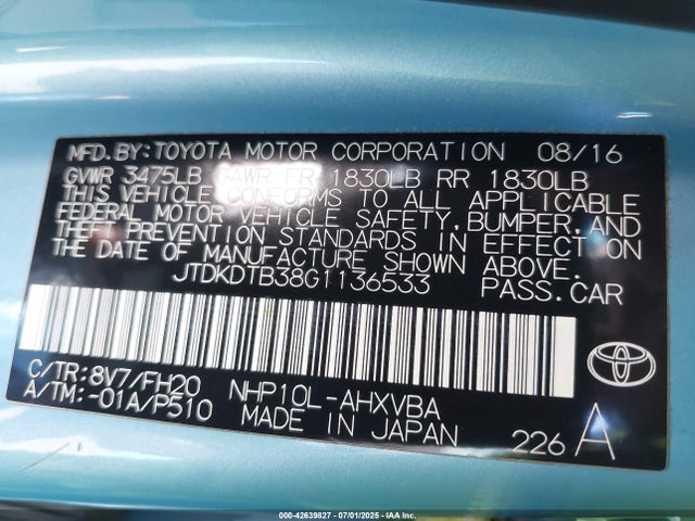 JTDKDTB38G1136533 Toyota 1nz-fxe+1lm
