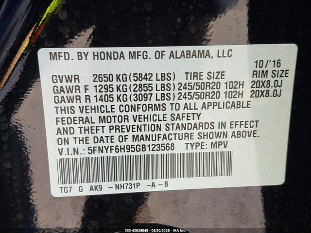5FNYF6H95GB123568 Honda j35y6