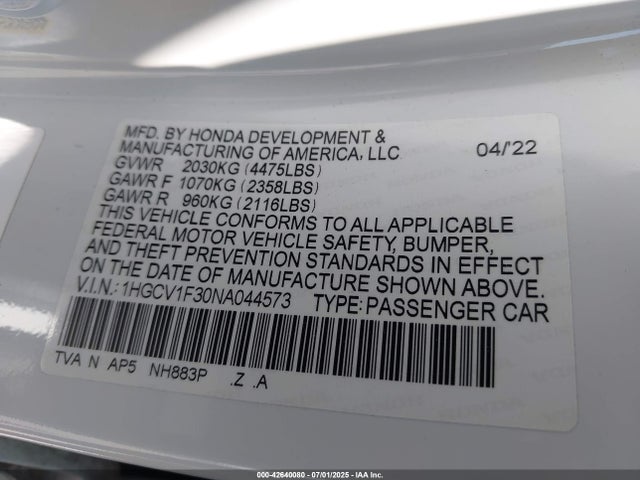 1HGCV1F30NA044573 Honda l15be