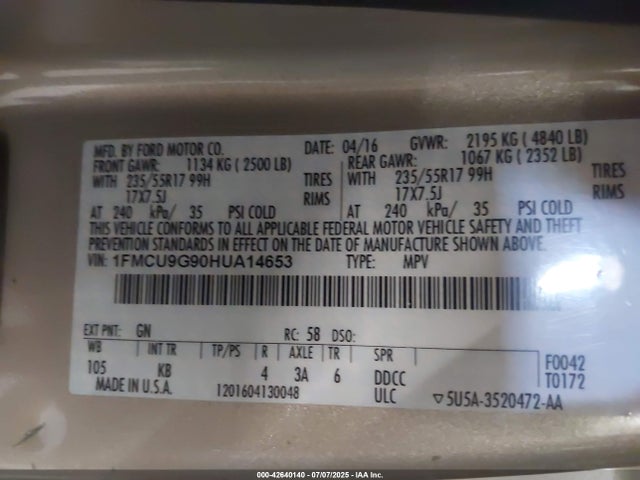 1FMCU9G90HUA14653 Ford 2017