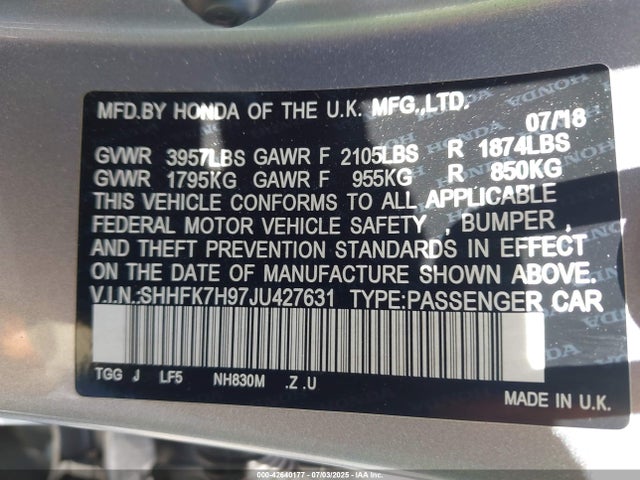 SHHFK7H97JU427631 Honda l15ba
