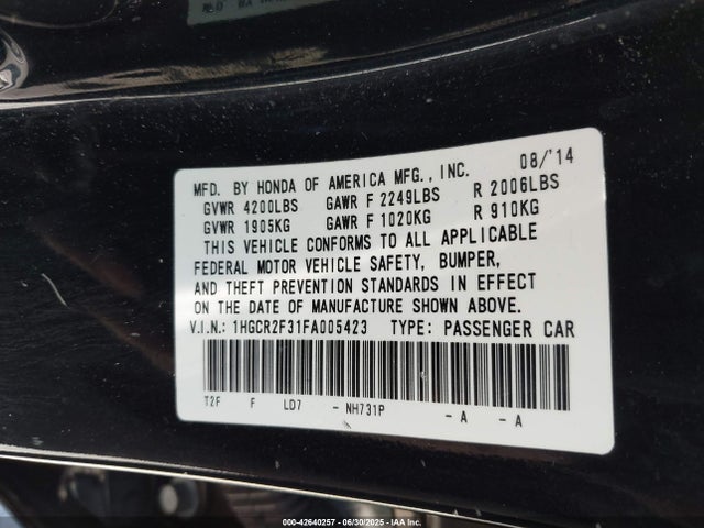 Honda k24w1 2015 1HGCR2F31FA005423 Image 9