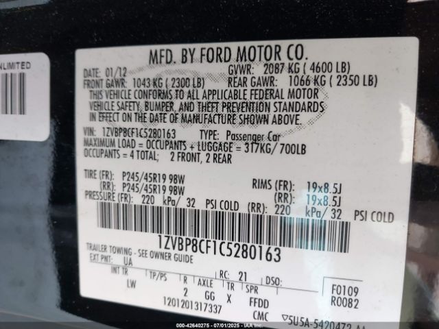 2012 FORD MUSTANG 1ZVBP8CF1C5280163 Photo 8