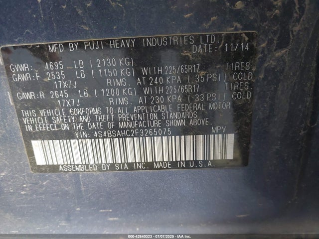 Subaru 2.5l u5 2015 4S4BSAHC2F3265075 Image 9