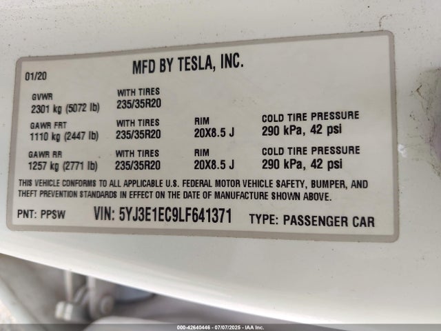 Tesla MODEL 3 2020 5YJ3E1EC9LF641371 Image 9