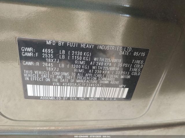 2015 SUBARU OUTBACK 4S4BSAJC7F3346597 Photo 8