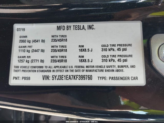 2019 TESLA MODEL 3 5YJ3E1EA7KF399760 Photo 8