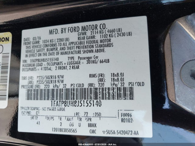 1FATP8UH8J5155140 Ford 2.3l 4v premium fuel