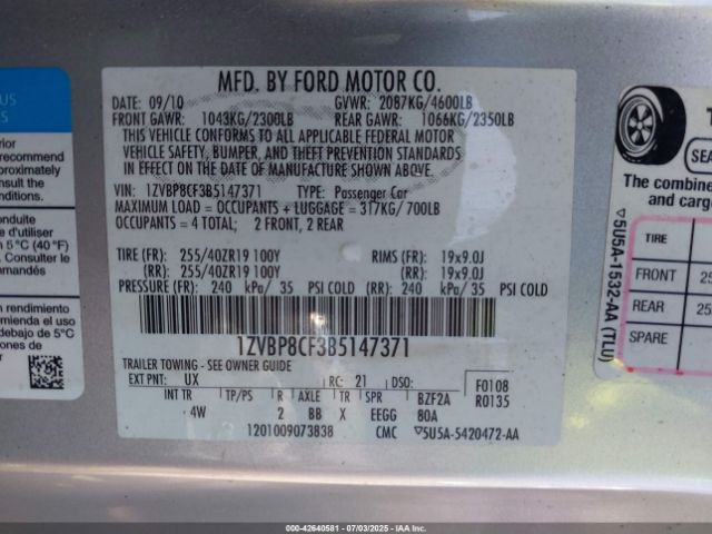 2011 FORD MUSTANG 1ZVBP8CF3B5147371 Photo 8