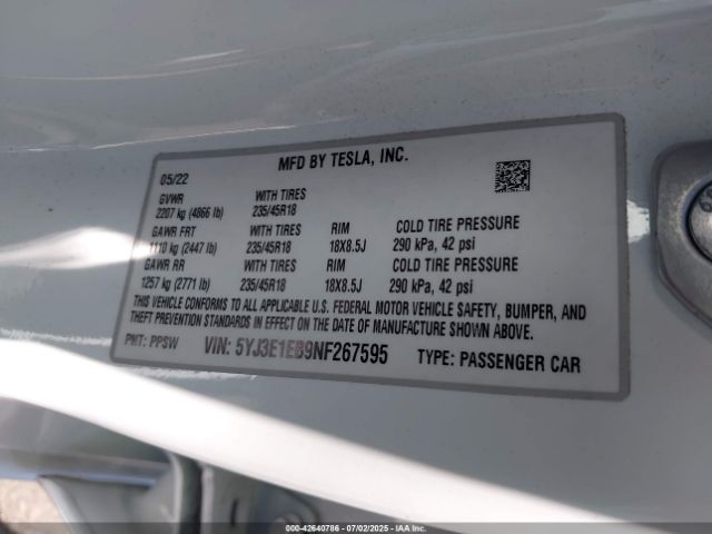 2022 TESLA MODEL 3 5YJ3E1EB9NF267595 Photo 8