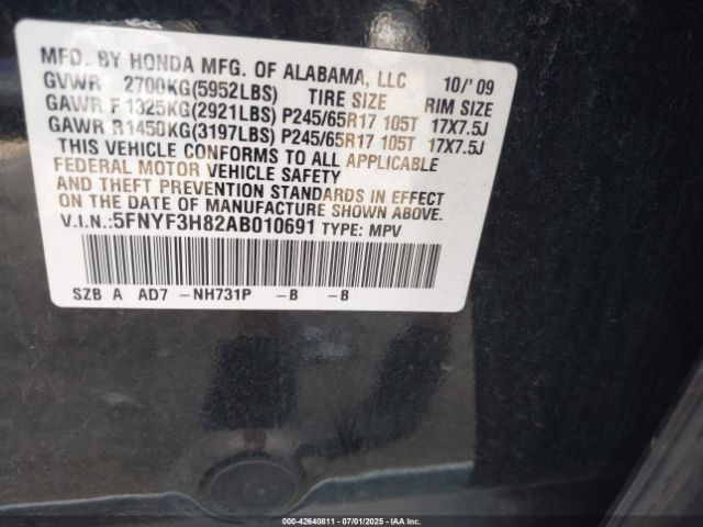 2010 HONDA PILOT 5FNYF3H82AB010691 Photo 8