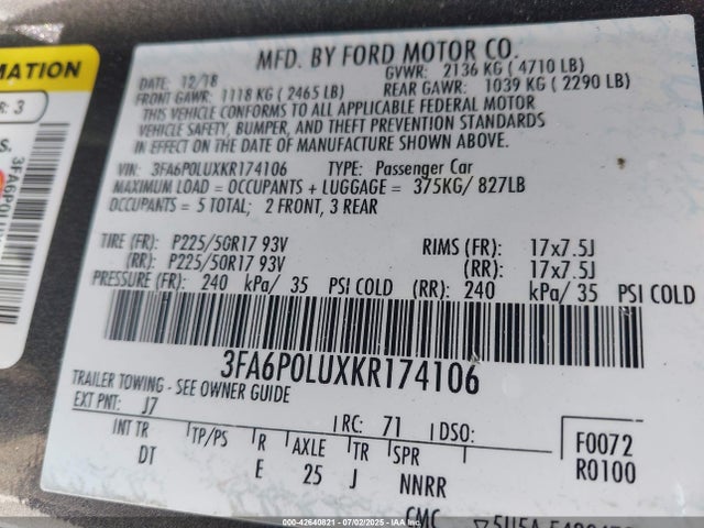 3FA6P0LUXKR174106 Ford 2019