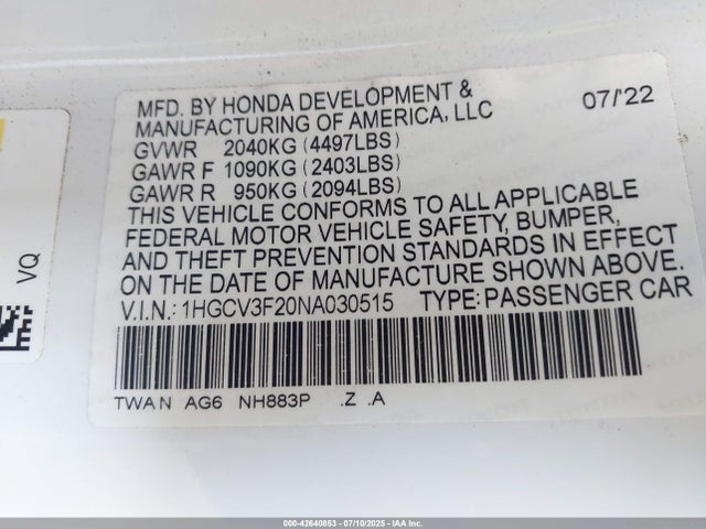 1HGCV3F20NA030515 Honda lfb2