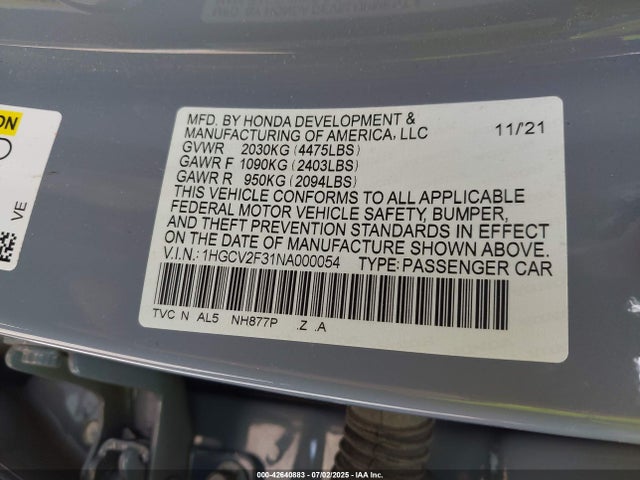 1HGCV2F31NA000054 Honda k20c4
