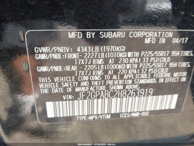 Subaru naturally aspirated 2017 JF2GPABC2H8263919 Image 9