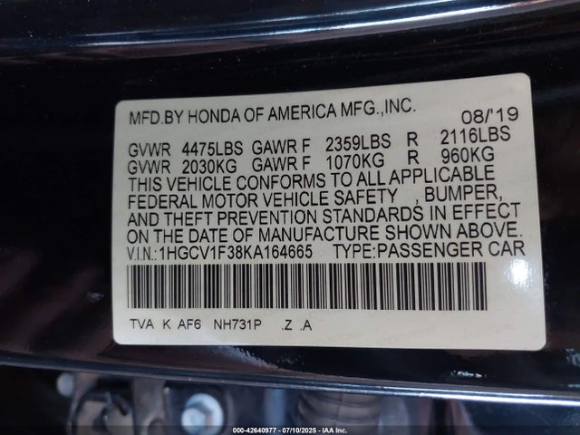 1HGCV1F38KA164665 Honda l15be
