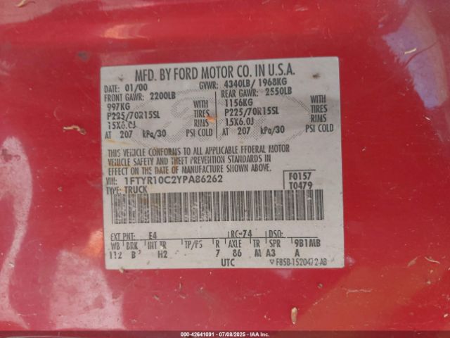 2000 FORD RANGER 1FTYR10C2YPA86262 Photo 8