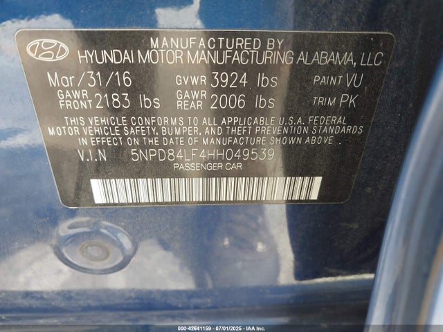 5NPD84LF4HH049539 Hyundai 2017