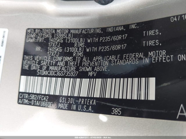 5TDKK3DC3GS735927 Toyota 2gr-fks