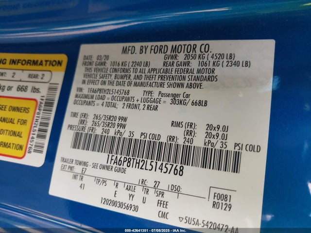 1FA6P8TH2L5145768 Ford 2020