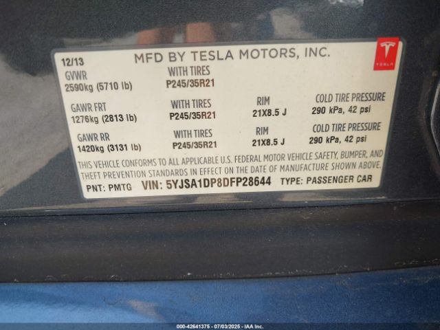 2013 TESLA MODEL S 5YJSA1DP8DFP28644 Photo 8