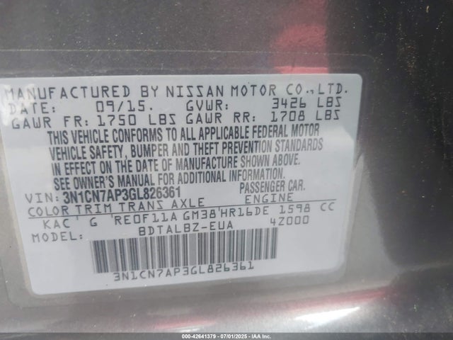 Nissan VERSA S 2016 3N1CN7AP3GL826361 Image 33