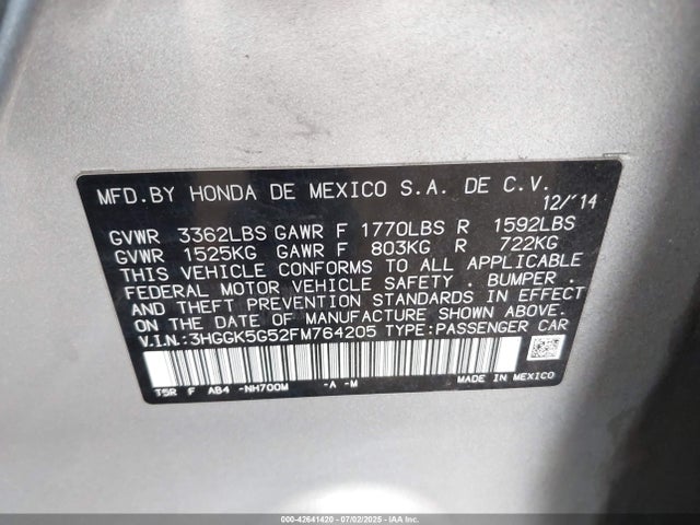 3HGGK5G52FM764205 Honda l15b1