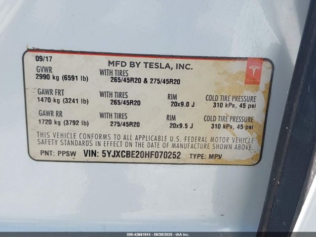 2017 TESLA MODEL X 5YJXCBE20HF070252 Photo 8