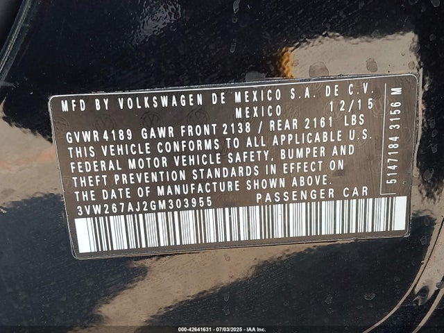 3VW267AJ2GM303955 Volkswagen 2016