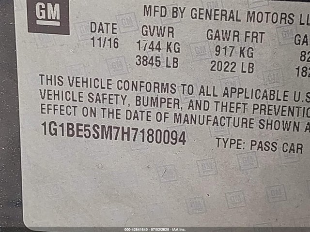 1G1BE5SM7H7180094 Chevrolet le2 -di: direct injection, vvt: variable valve timing, gen, alum