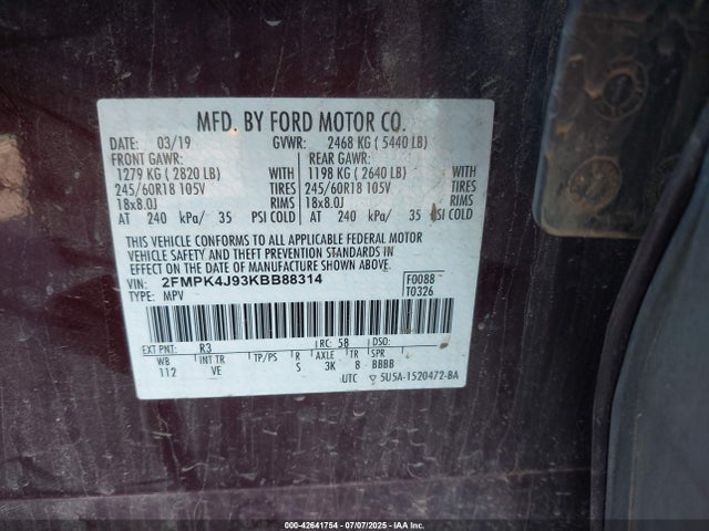 2FMPK4J93KBB88314 Ford 2.0l gtdi w/premium fuel