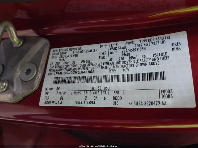 1FMCU9J92KUA41806 Ford 2019