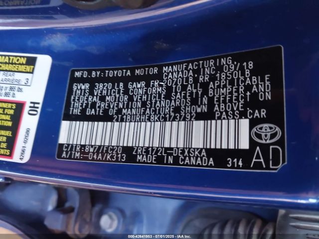 2019 TOYOTA COROLLA 2T1BURHE8KC173792 Photo 8