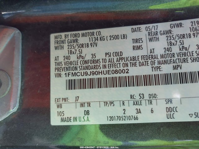 1FMCU9J90HUE08002 Ford 2017