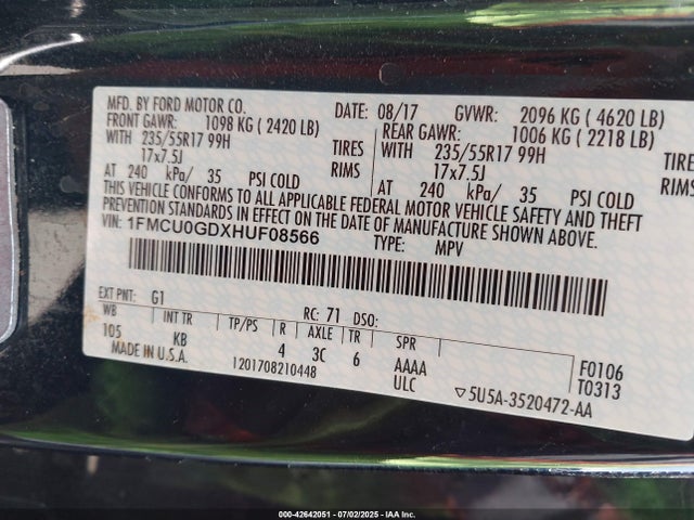 1FMCU0GDXHUF08566 Ford gtdi sigma w/premium fuel
