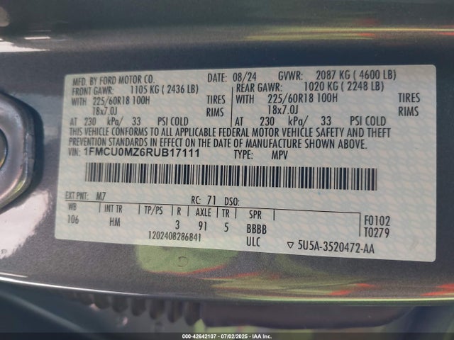 1FMCU0MZ6RUB17111 Ford dura d4 ivct atk
