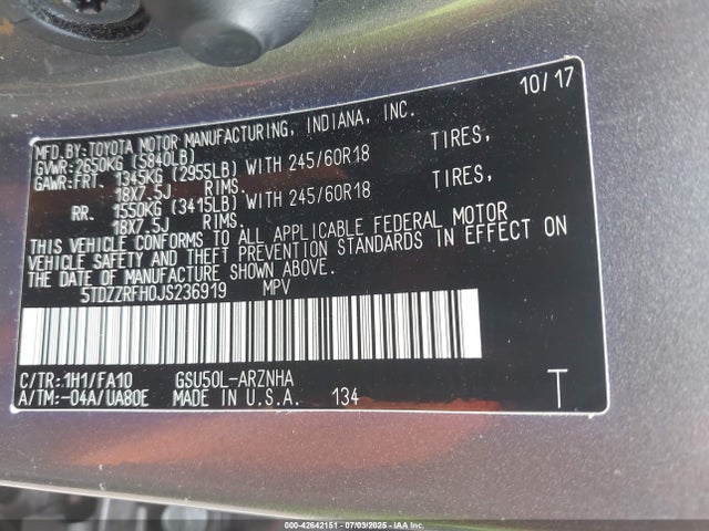 Toyota 2gr-fks 2018 5TDZZRFH0JS236919 Image 9