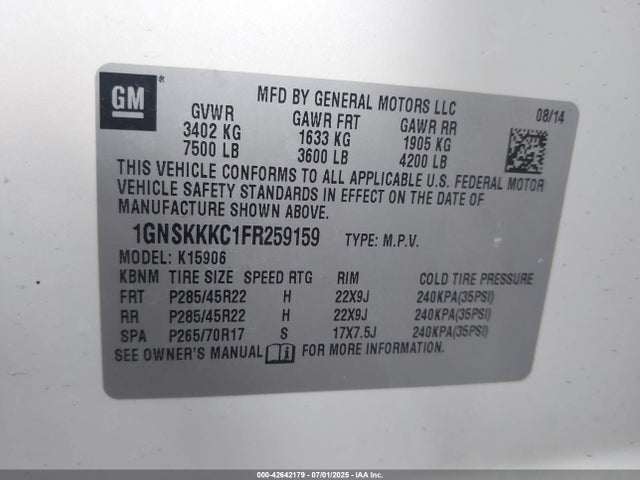 42642179 :رقم المزاد ، 1GNSKKKC1FR259159 vin ، 2015 Chevrolet Suburban 1500 Ltz مزاد بيع