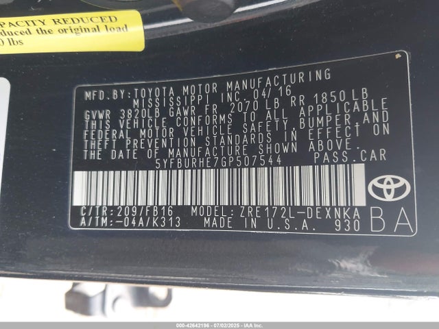 5YFBURHE7GP507544 Toyota 2zr-fe