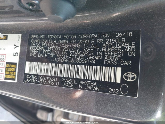 JTDKBRFU6J3069194 Toyota 2zr-fxe,1nm
