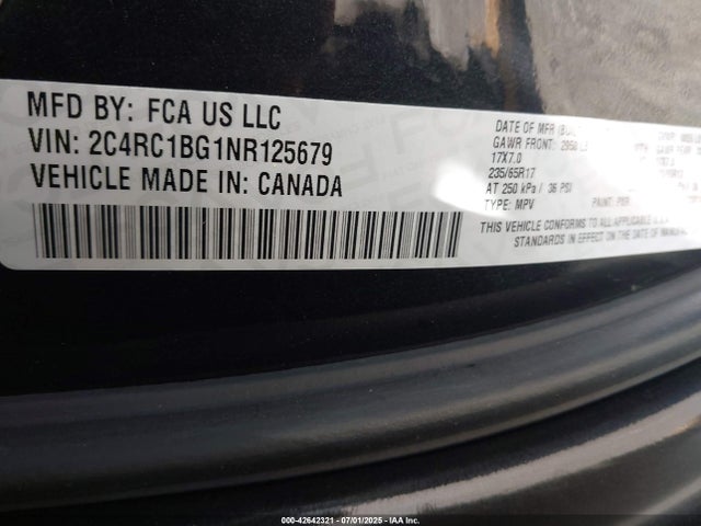 Auction sale of the 2022 Chrysler Pacifica Touring L, vin: 2C4RC1BG1NR125679, lot number: 42642321