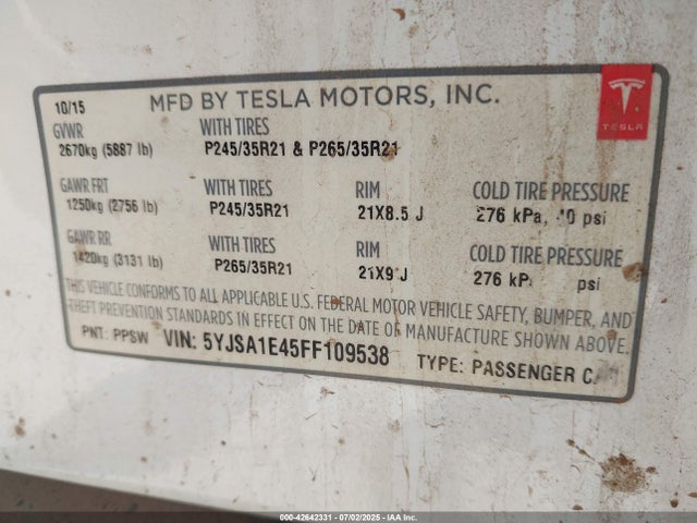 2015 TESLA MODEL S 5YJSA1E45FF109538 Photo 8